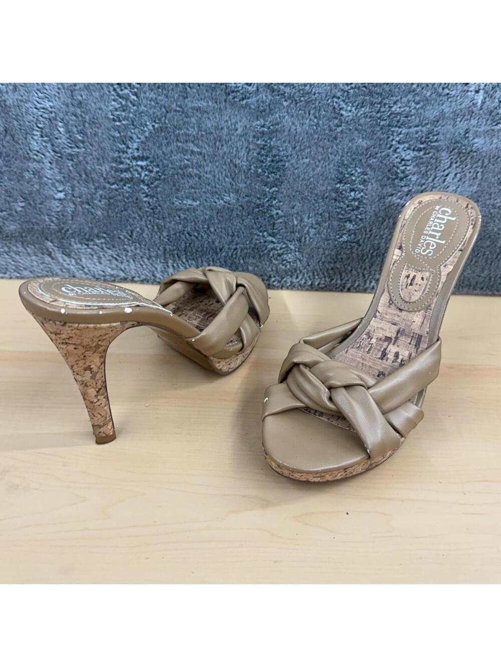 Charles by Charles David Tan Twisted Knot Cork Heels Y2K Preppy